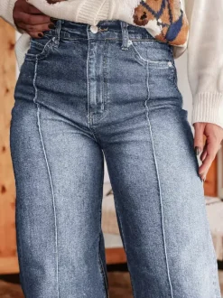 Jean large à revers pour femme - Denim droit bleu style western bohème taille haute coutures sur le devant - Collection printemps 2026