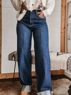 Jean large à revers pour femme - Denim droit bleu style western bohème taille haute coutures sur le devant - Collection printemps 2026
