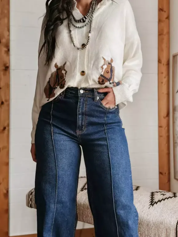 Jean large à revers pour femme - Denim droit bleu style western bohème taille haute coutures sur le devant - Collection printemps 2026