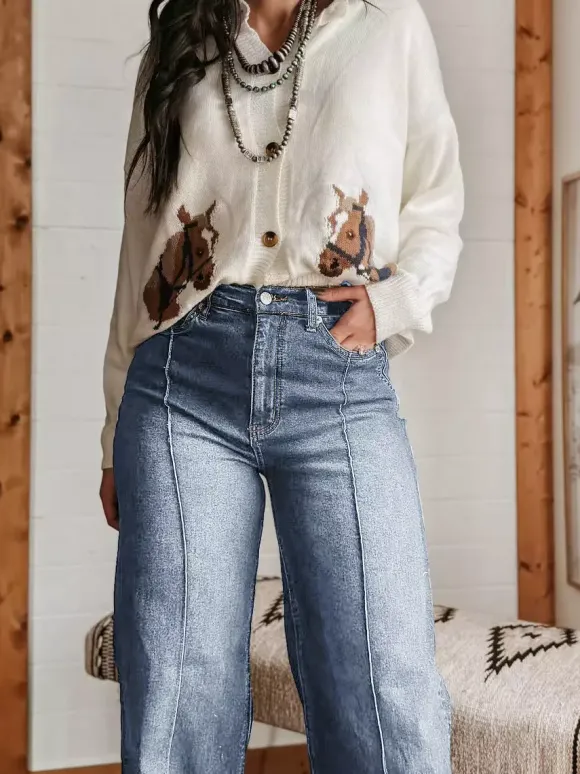 Jean large à revers pour femme - Denim droit bleu style western bohème taille haute coutures sur le devant - Collection printemps 2026