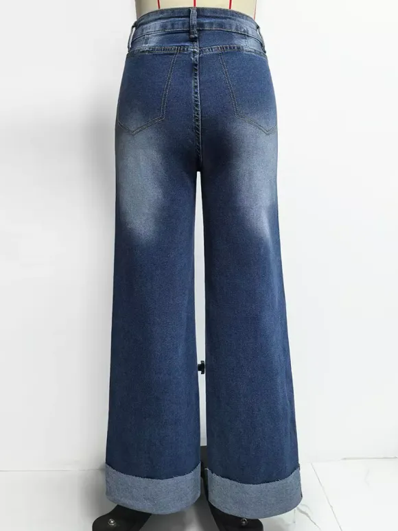 Jean large à revers pour femme - Denim droit bleu style western bohème taille haute coutures sur le devant - Collection printemps 2026