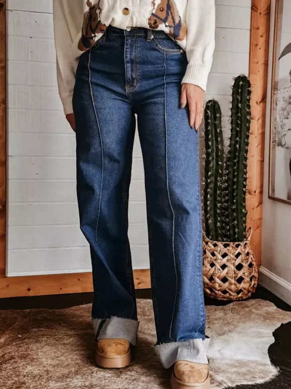 Jean large à revers pour femme - Denim droit bleu style western bohème taille haute coutures sur le devant - Collection printemps 2026