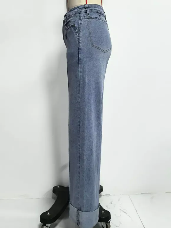 Jean large à revers pour femme - Denim droit bleu style western bohème taille haute coutures sur le devant - Collection printemps 2026