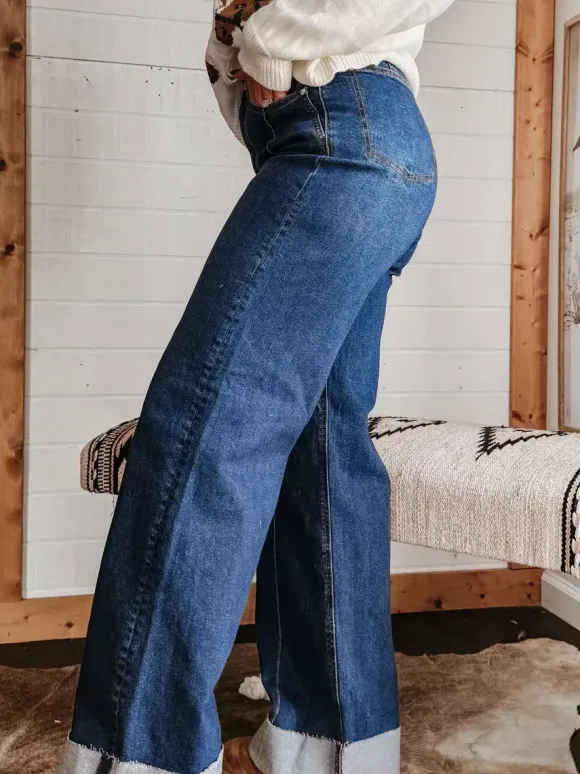 Jean large à revers pour femme - Denim droit bleu style western bohème taille haute coutures sur le devant - Collection printemps 2026