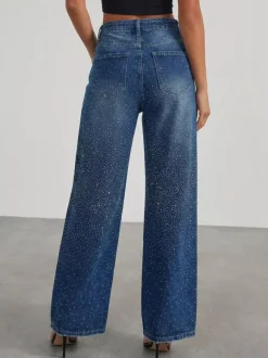 Jean large à strass pour femme - Bleu délavé coupe droite pailletée avec ceinture style années 2000 - Idéal pour une soirée printanière (2026)