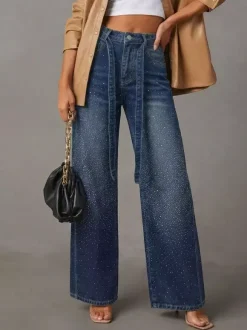 Jean large à strass pour femme - Bleu délavé coupe droite pailletée avec ceinture style années 2000 - Idéal pour une soirée printanière (2026)