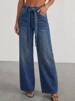 Jean large à strass pour femme - Bleu délavé coupe droite pailletée avec ceinture style années 2000 - Idéal pour une soirée printanière (2026)