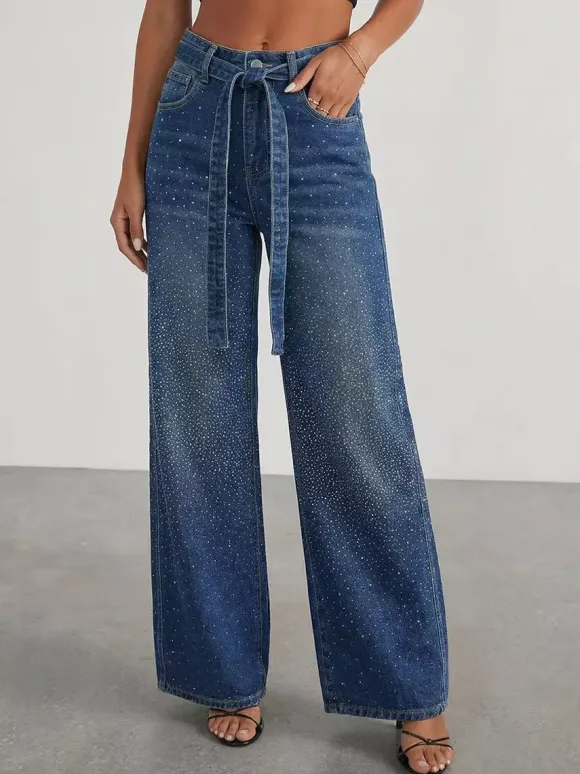 Jean large à strass pour femme - Bleu délavé coupe droite pailletée avec ceinture style années 2000 - Idéal pour une soirée printanière (2026)