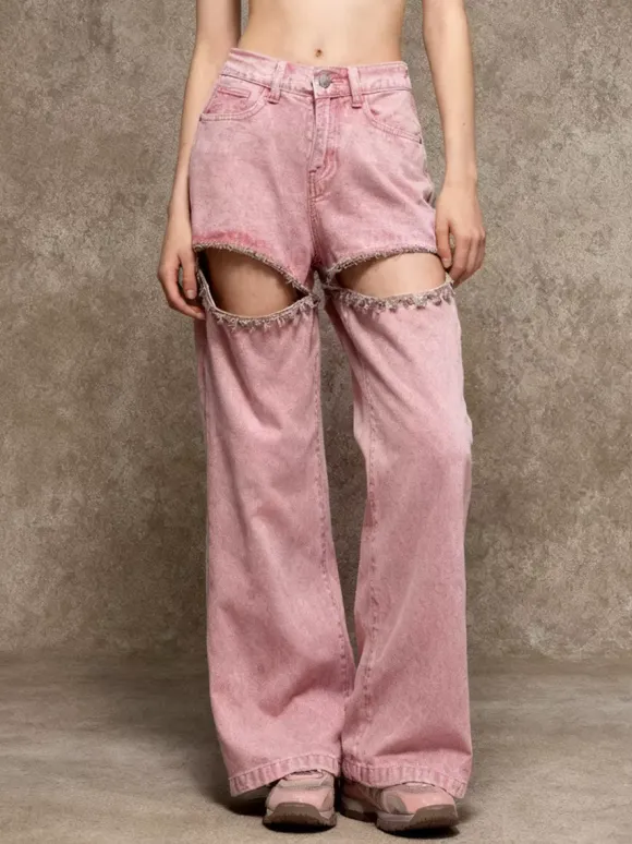 Jean rose à strass découpés pour femme - Pantalon en denim taille haute et jambes larges style années 2000 - Streetwear pour les soirées d'été 2026