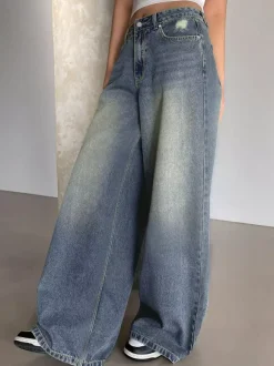 Jean skater baggy taille haute pour femme - Pantalon large effet usé - Streetwear printemps-été 2026