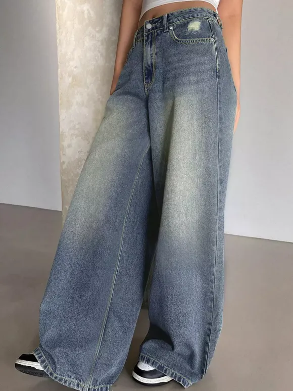 Jean skater baggy taille haute pour femme - Pantalon large effet usé - Streetwear printemps-été 2026