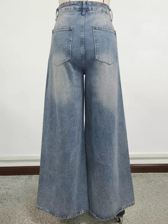 Jean skater baggy taille haute pour femme - Pantalon large effet usé - Streetwear printemps-été 2026