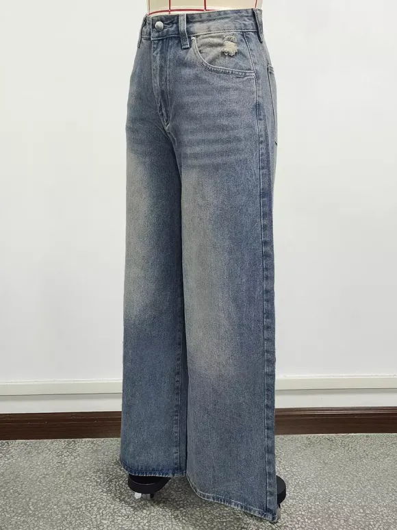 Jean skater baggy taille haute pour femme - Pantalon large effet usé - Streetwear printemps-été 2026