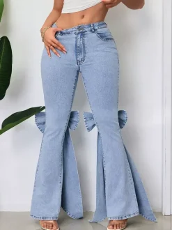 Jean évasé à n艙ud papillon pour femme - Bas en denim bleu tendance à jambes larges - Streetwear printemps 2026