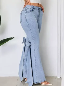 Jean évasé à n艙ud papillon pour femme - Bas en denim bleu tendance à jambes larges - Streetwear printemps 2026
