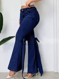 Jean évasé à n艙ud papillon pour femme - Bas en denim bleu tendance à jambes larges - Streetwear printemps 2026