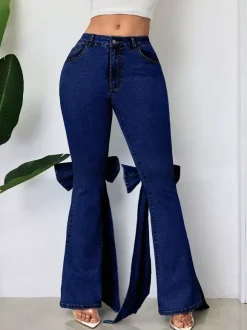 Jean évasé à n艙ud papillon pour femme - Bas en denim bleu tendance à jambes larges - Streetwear printemps 2026