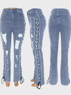 Jean évasé déchiré à lacets latéraux pour femme - Délavage moyen - Coupe bootcut sexy ajourée - Collection streetwear printemps 2026