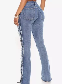 Jean évasé déchiré à lacets latéraux pour femme - Délavage moyen - Coupe bootcut sexy ajourée - Collection streetwear printemps 2026