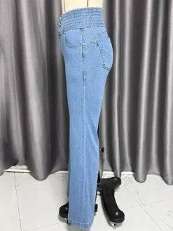 Jean évasé taille haute à smocks pour femme - Pantalon en denim délavé coupe slim en coton élastique - Tenues de printemps pour un rendez-vous galant 2026