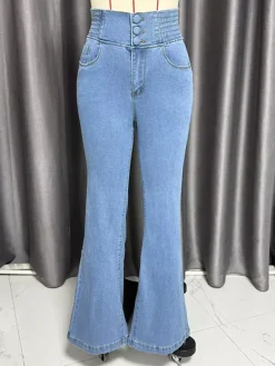 Jean évasé taille haute à smocks pour femme - Pantalon en denim délavé coupe slim en coton élastique - Tenues de printemps pour un rendez-vous galant 2026