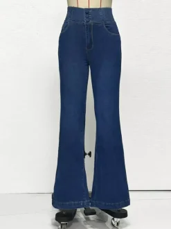 Jean évasé taille haute à smocks pour femme - Pantalon en denim délavé coupe slim en coton élastique - Tenues de printemps pour un rendez-vous galant 2026
