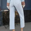 Jean bleu clair pour femme - Coupe droite décontractée à nouer à la taille - Ourlet brut - Idéal pour le printemps et les activités de plein air au quotidien 2026