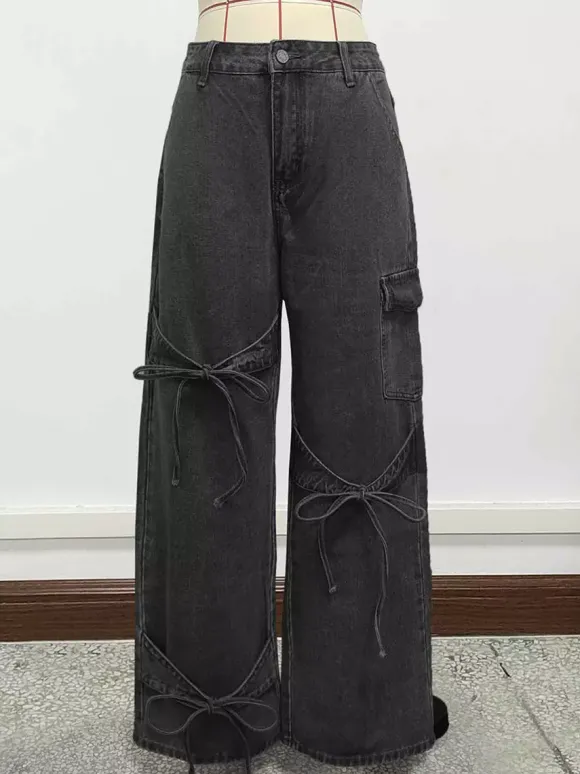 Jean cargo à jambes larges pour femme - Pantalon en denim délavé ample à bretelles et n艙ud papillon style rétro Y2K - Streetwear pour festivals de musique du printemps 2026
