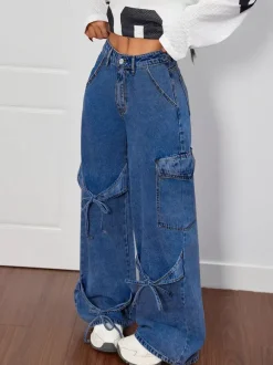 Jean cargo à jambes larges pour femme - Pantalon en denim délavé ample à bretelles et n艙ud papillon style rétro Y2K - Streetwear pour festivals de musique du printemps 2026