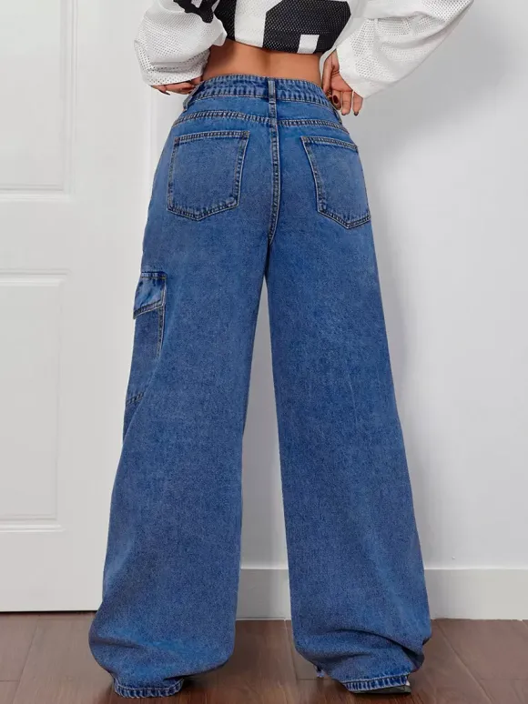 Jean cargo à jambes larges pour femme - Pantalon en denim délavé ample à bretelles et n艙ud papillon style rétro Y2K - Streetwear pour festivals de musique du printemps 2026