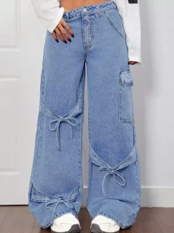 Jean cargo à jambes larges pour femme - Pantalon en denim délavé ample à bretelles et n艙ud papillon style rétro Y2K - Streetwear pour festivals de musique du printemps 2026