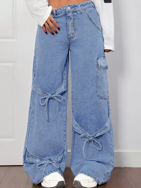Jean cargo à jambes larges pour femme - Pantalon en denim délavé ample à bretelles et n艙ud papillon style rétro Y2K - Streetwear pour festivals de musique du printemps 2026
