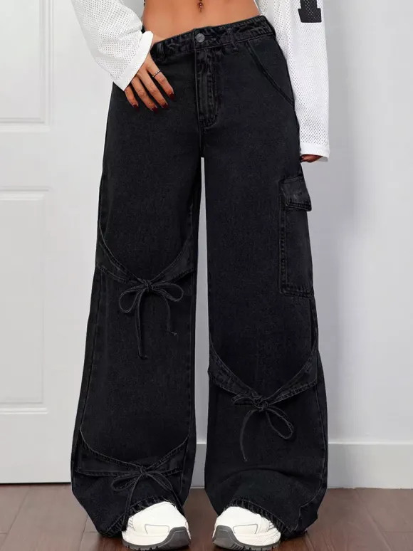 Jean cargo à jambes larges pour femme - Pantalon en denim délavé ample à bretelles et n艙ud papillon style rétro Y2K - Streetwear pour festivals de musique du printemps 2026