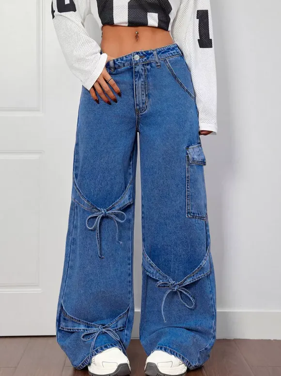 Jean cargo à jambes larges pour femme - Pantalon en denim délavé ample à bretelles et n艙ud papillon style rétro Y2K - Streetwear pour festivals de musique du printemps 2026