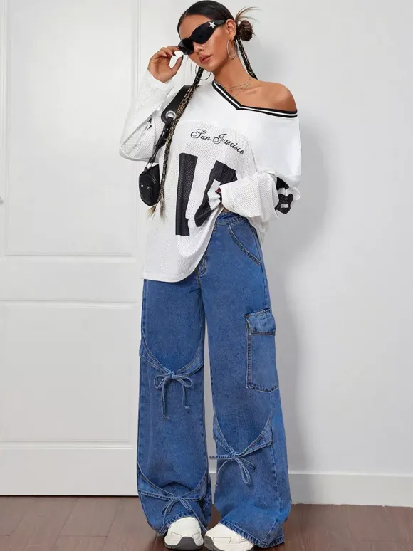 Jean cargo à jambes larges pour femme - Pantalon en denim délavé ample à bretelles et n艙ud papillon style rétro Y2K - Streetwear pour festivals de musique du printemps 2026