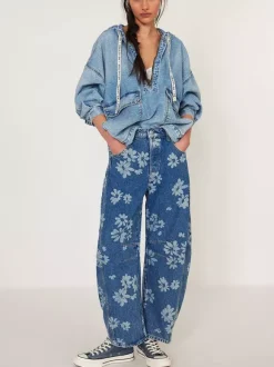 Jean fleuri à jambes larges pour femme - Pantalon en denim bohème à coupe en fer à cheval - Festival de musique de printemps 2026
