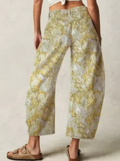 Jean fleuri à rayures pour femme - Pantalon en denim jaune rétro style fer à cheval - Collection streetwear décontractée printemps 2026