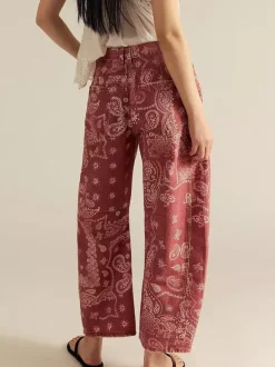 Jean à imprimé cachemire pour femme - Pantalon en denim rose bohème à jambes larges et coupe en fer à cheval - Festival de musique de printemps 2026