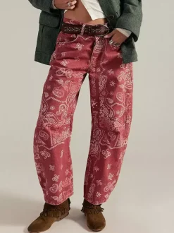 Jean à imprimé cachemire pour femme - Pantalon en denim rose bohème à jambes larges et coupe en fer à cheval - Festival de musique de printemps 2026