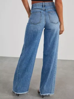 Jean large à coutures apparentes pour femme - Denim délavé à ourlet brut rétro - Collection streetwear décontractée printemps 2026
