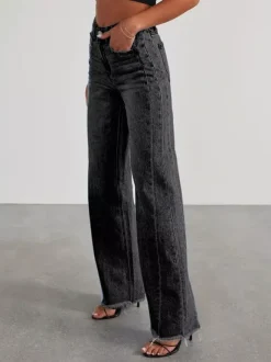 Jean large à coutures apparentes pour femme - Denim délavé à ourlet brut rétro - Collection streetwear décontractée printemps 2026