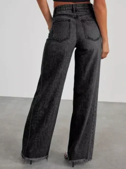 Jean large à coutures apparentes pour femme - Denim délavé à ourlet brut rétro - Collection streetwear décontractée printemps 2026
