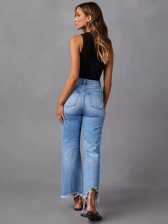 Jean large délavé pour femme - Pantalon en denim bleu clair taille haute ourlet brut coupe décontractée - Style streetwear décontracté printemps 2026