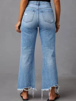 Jean large délavé pour femme - Pantalon en denim bleu clair taille haute ourlet brut coupe décontractée - Style streetwear décontracté printemps 2026