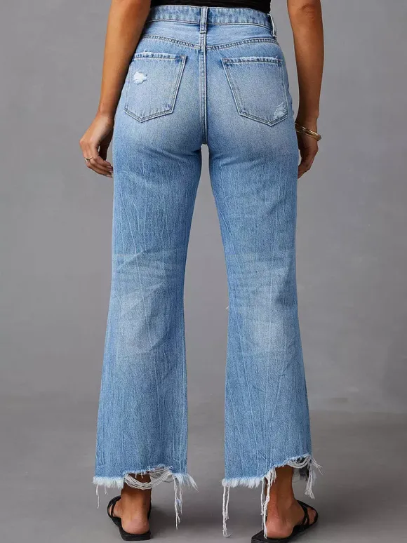Jean large délavé pour femme - Pantalon en denim bleu clair taille haute ourlet brut coupe décontractée - Style streetwear décontracté printemps 2026