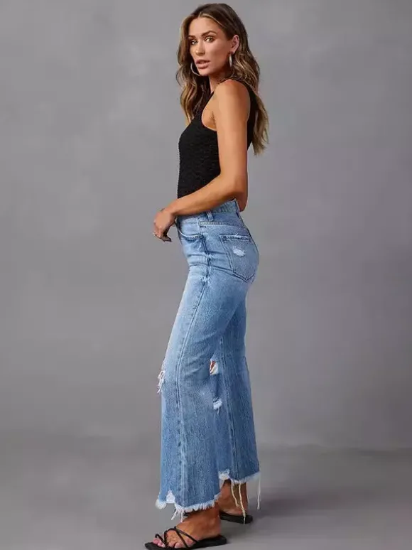Jean large délavé pour femme - Pantalon en denim bleu clair taille haute ourlet brut coupe décontractée - Style streetwear décontracté printemps 2026