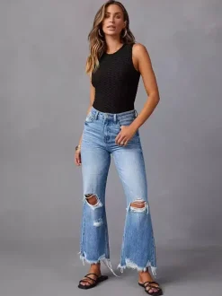 Jean large délavé pour femme - Pantalon en denim bleu clair taille haute ourlet brut coupe décontractée - Style streetwear décontracté printemps 2026