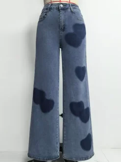 Jean large à motif c艙ur pour femme - Bleu moyen style bohème chic coupe droite - Tenue streetwear printanière 2026