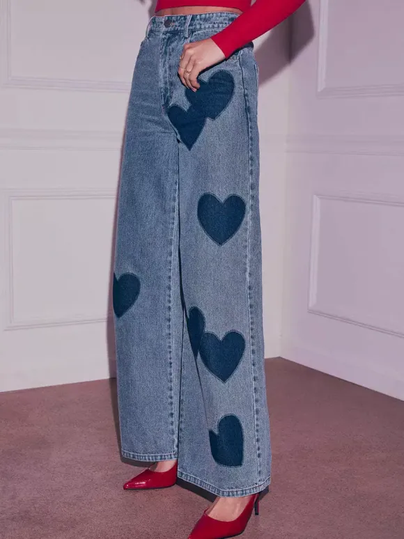 Jean large à motif c艙ur pour femme - Bleu moyen style bohème chic coupe droite - Tenue streetwear printanière 2026