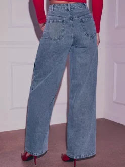 Jean large à motif c艙ur pour femme - Bleu moyen style bohème chic coupe droite - Tenue streetwear printanière 2026